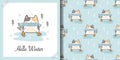 Winter Card and Seamless Pattern set with Cute Skating Cat