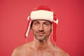 Winter care. Mature man bare torso. Attractive body. Winter season. Skin care. Handsome man celebrate winter holidays