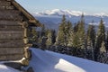 Winter Carpathian Mountains, Chornohora region, Ukraine. Wooden shepherds cradle on the meadows in the Carpathians in winter. Wint Royalty Free Stock Photo