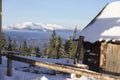 Winter Carpathian Mountains, Chornohora region, Ukraine. Wooden shepherds cradle on the meadows in the Carpathians in winter. Wint Royalty Free Stock Photo