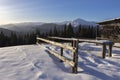 Winter Carpathian Mountains, Chornohora region, Ukraine. Wooden shepherds cradle on the meadows in the Carpathians in winter. Wint Royalty Free Stock Photo