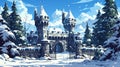 In a winter cartoon fairytale landscape, a royal castle stands in a forest covered in snow. Snowy trees surround the Royalty Free Stock Photo
