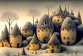 Winter cartoon landscape, cute houses, postcard design