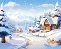 winter cartoon landscape cute houses postcard.