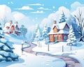 winter cartoon landscape cute houses postcard.