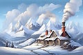 Winter cartoon mountains landscape with house and smoke from chimney Royalty Free Stock Photo