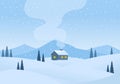 Winter cartoon mountains landscape with house and smoke from chimney vector illustration Royalty Free Stock Photo