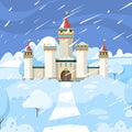 Winter castle. Fairytale frozen building kingdom medieval snow magic landscape vector background Royalty Free Stock Photo