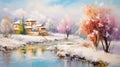 Winter Castle In Mountains: Colorful Impressionism Oil Painting