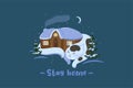 Winter cat and house. Inscription Stay home. Vector graphics Royalty Free Stock Photo