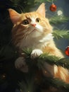 Winter cat red pet tree cute domestic christmas holiday feline kitten animal Royalty Free Stock Photo