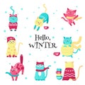 Cute funny winter cats vector isolated illustration