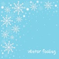 Winter celebration blue background with white snowflakes and blur dots