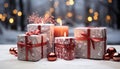 Winter celebration gift box, snowflake decoration, glowing candle, love generated by AI