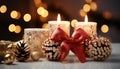 Winter celebration gift, candle, Christmas ornament, glowing, snow, fire generated by AI