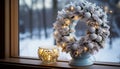 Winter celebration indoors table, window, snow, decoration generated by AI