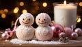 Winter celebration snowman, candle, Christmas decoration, illuminated table, glowing dessert generated by AI