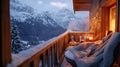 Winter chalet balcony, mountain views, cozy blankets, and hot drinks Royalty Free Stock Photo