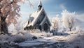 Winter chapel in snowy forest, celebrating spirituality and nature generated by AI