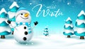 Winter character vector design. Hello winter greeting text with cute snowman and fir trees in snow forest for cold season. Royalty Free Stock Photo