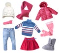 Winter child gir`sl clothes set isolated. Royalty Free Stock Photo