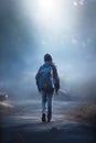 winter child wearing a jacket and backpack going to school. hoodie hat.