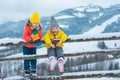 Winter children friends. Kids enjoying nature wintertime. Winter child happy. People in snow. Theme Christmas holidays Royalty Free Stock Photo