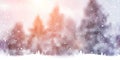 Winter Christmas background with landscape, forest, snowflakes, light, stars. Xmas and New Year card Royalty Free Stock Photo