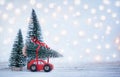 Winter Christmas background Miniature red car with fir tree. Holiday greeting card Royalty Free Stock Photo