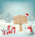 Winter Christmas Background with Signpost Snowman and Gift Boxes