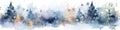 Winter, Christmas banner. Fantasy blue spruces, snowflakes, golden lights. Watercolor drawing. Royalty Free Stock Photo