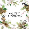 Winter Christmas Birds Greeting Card. Floral Poinsettia Retro Background. Design Template for Holiday Season Celebration