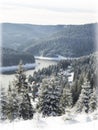 Winter Christmas card. Snowing landscape.Mountain village Royalty Free Stock Photo