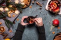 Winter Christmas composition with a mulled wine Royalty Free Stock Photo