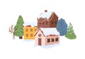 Winter Christmas cottage house and snow, fur trees, chalet