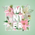 Winter Christmas Design in Vector. Winter Flowers with Pines