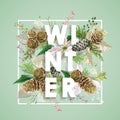 Winter Christmas Design in Vector. Winter Flowers with Pines