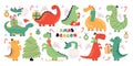 Winter Christmas dragons cute doodle characters celebrating holiday, exchanging gifts isolated set
