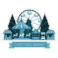 Winter Christmas fair market, Happy New year and Christmas Europe city, souvenir stalls, gift shops, Ferris wheel