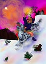 Winter Christmas Fairy Tale Young god riding a roaring Snow Leopard bringing Light of Hope through winter landscape