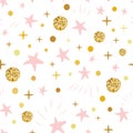 Hand drawn seamless pattern decoreted gold balls pink stars for Christmas backgound or baby shower