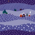 Winter christmas holiday country landscape at night seamless pattern Royalty Free Stock Photo
