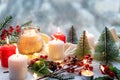 Winter Christmas Holidays Background With Candles; Christmas Light; Cup Of Cocoa With Marshmallow Or Hot Chocolate Near A Window