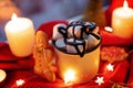 Winter Christmas Holidays Background With Candles; Christmas Light; Cup Of Cocoa With Marshmallow Or Hot Chocolate Near A Window