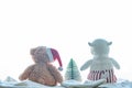 Winter Christmas holidays background with Teddy bear, christmas tree near a window