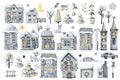 Winter Christmas houses with garlands and decorations, angel and star. Black and white watercolor illustration isolated