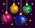 winter Christmas illustration, bright shiny multicolored Christmas balls on a dark background with stars Royalty Free Stock Photo