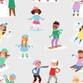 Winter Christmas kids playing games outdoor street playground children wintertime kids playing sport games of kinds Royalty Free Stock Photo