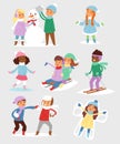 Winter Christmas kids playing games outdoor street playground children wintertime kids playing sport games of kinds Royalty Free Stock Photo