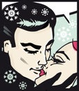 Winter Christmas kissing couple card pop art comic